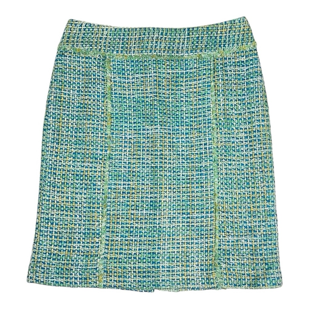 J McLaughlin Tweed Fringe Silk Blend Pencil Skirt - Green / Blue / Yellow